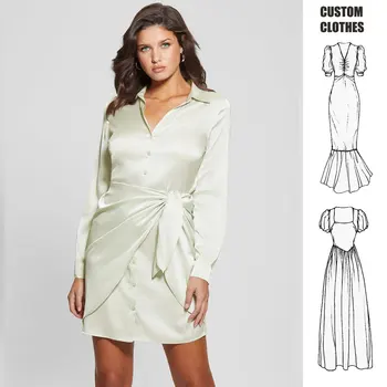 OEM/ODM Dress Manufacturer Champagne color Ladies Satin Effect Shirt Dress Elegant Front Wrap And Tie Short Dresses Women