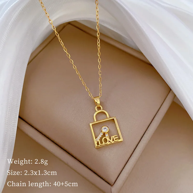 Light Luxury Titanium Steel Diamond Love Key Lock Pendant Necklace Choker For Women Stainless Steel Jewelry Charm