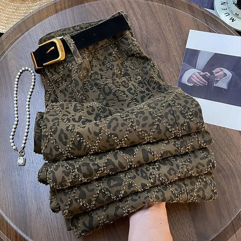 Simon Laina American Style High Street Leopard Print Denim Cotton Women's Winter Sexy Girl High Waist Loose Straight-Legged factory