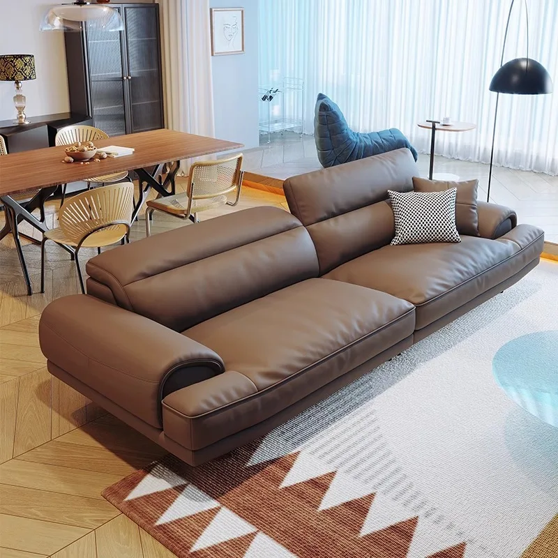 Italian Minimalist Retro Leather Sofa Nordic Light Luxury Queen Three Person Straight Row Top Layer Cowhide for Living Room