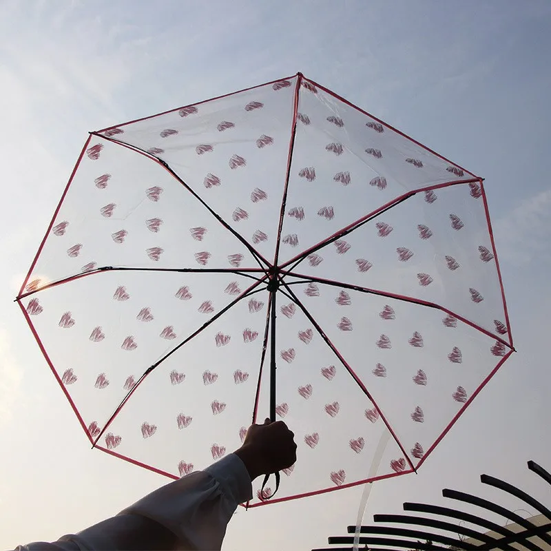 WHY423 Transparent Three Folding Umbrella Women Fresh Rain-Proof Girl Pink Love Heart Manual Travel Rain Umbrella