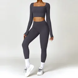 YIYI Long Sleeves Winter Gym Fitness Sets High Stretchy Leggings Sets Women Clothes Set Ladies Tummy Control Workout Athletic