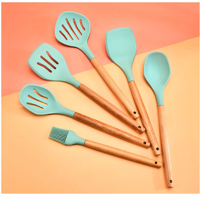 Sell well Complete Kitchen Utensil Set 11 Piece Non-Stick Cooking Silicone Kitchenware Kit kitchen utensils Wooden Handle