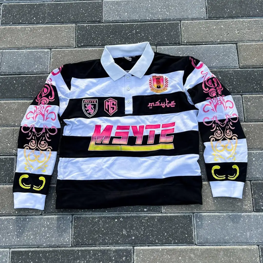 product customizable mens stand collar t shirt 100 cotton heavyweight fabric striped splicing embroidery decoration loose long fit-1