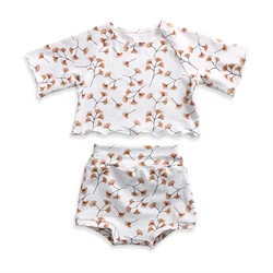 Customized Flower Design Summer Baby Clothes Kids Outfits White Cotton Newborn Baby 2 pcs Clothing Set