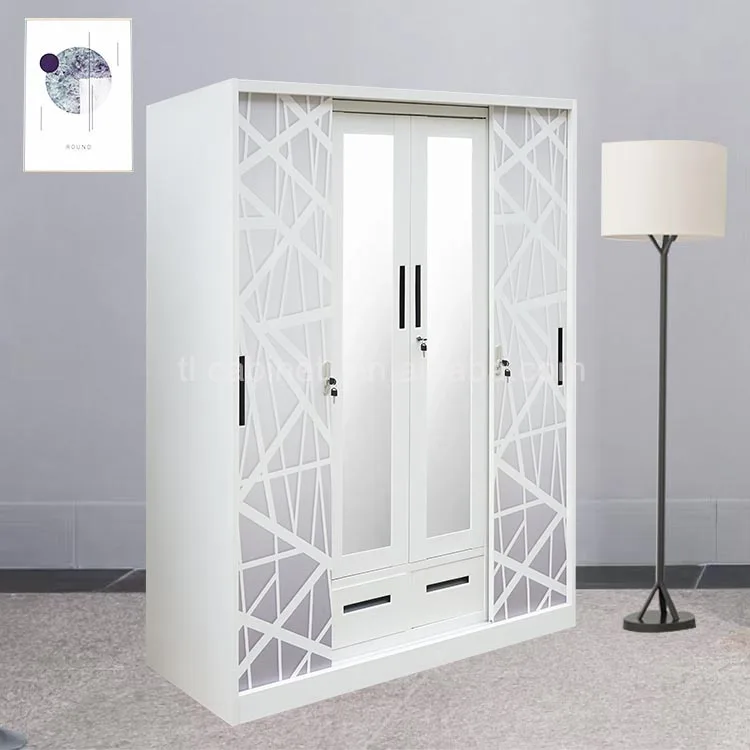 Modern Home Baby Bedroom Iron 4-Door Steel Almirah Wardrobe with Printed Pattern Sliding Metal Door Bedroom Furniture