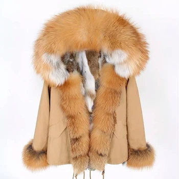 Fashionable Fox Fur Parka Woman Rabbit Fur Liner Winter Warm Real Fur Hood Parka