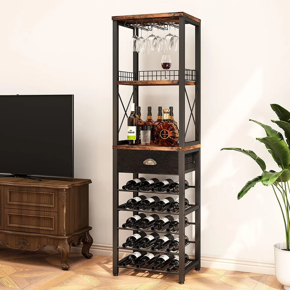 4-Tier Freestanding Wine Rack Bar Cabinet Topple Tabletop Glass Holder with Storage Drawer Wood Panel Style for Living Room supplier
