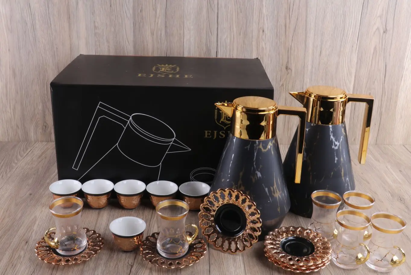 Amber high quality matt black thermos flask set porcelain ware with glass pot gall elegant type