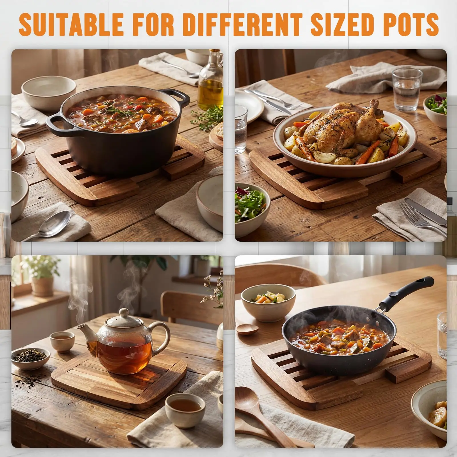product custom wooden expandable trivet heat resistant pot holder kitchen countertop protector for hot dishes bowls slatted wood trivet-7