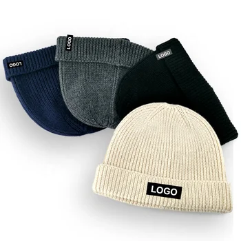 Premium Skull Cap Fitted Embroidery Customize Hats, Head Luxury Ribbed Knitted Wool Mens Fisherman Beanie with Custom Logo