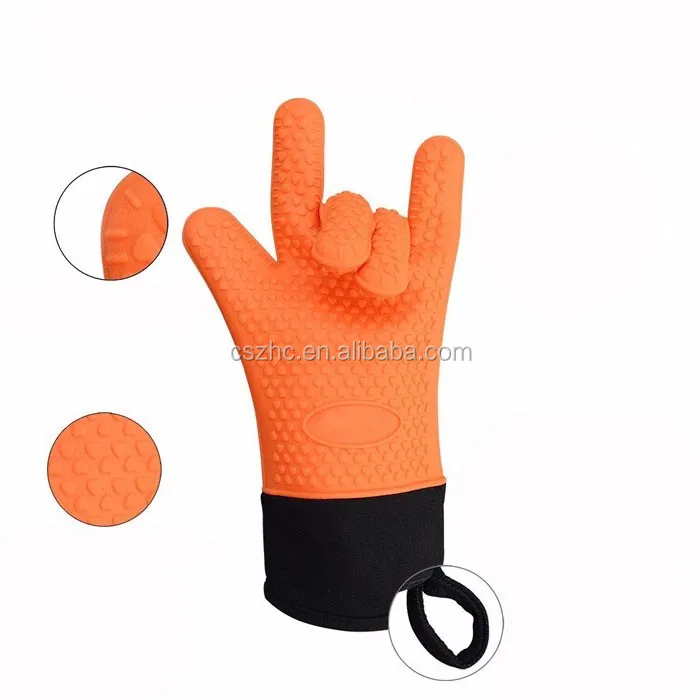 Hot Sale BBQ Grilling Oven Mitts Silicone Five Fingers Gloves with Cotton Lining