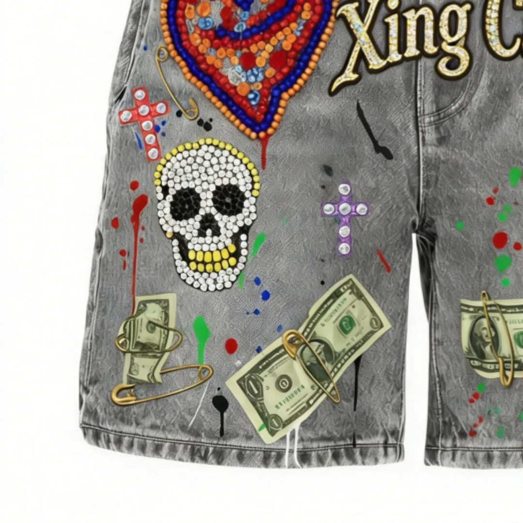 product custom mens vintage washed heavy duty rhinestone graffiti denim shorts distressed frayed hems streetwear loose fit-3
