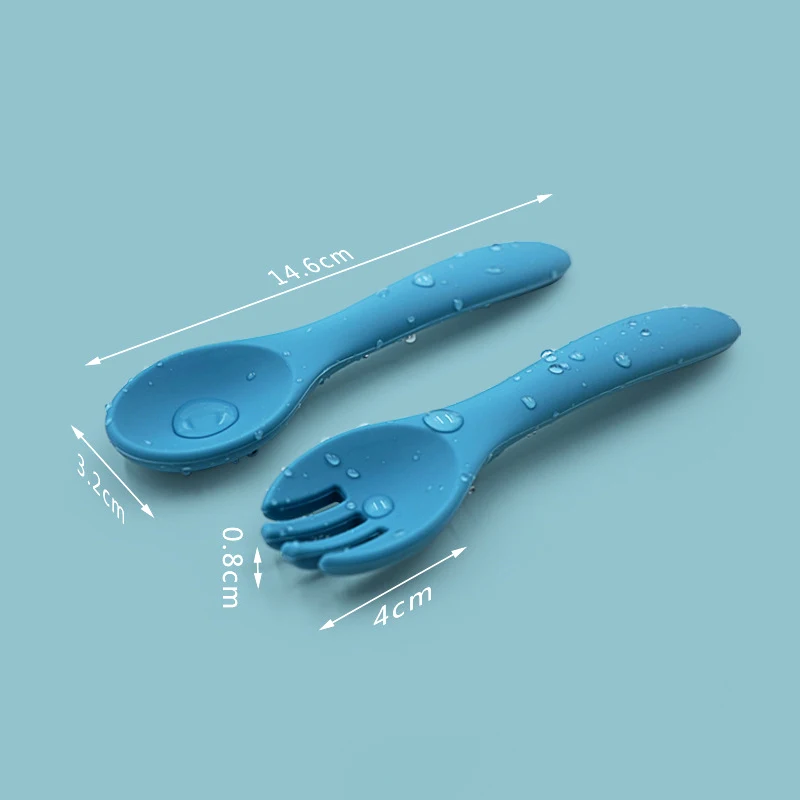 Baby and Toddler Feeding Cutlery Set Solid Pattern Silicone Spoon and Fork with Wooden Handle for 0-12 Months