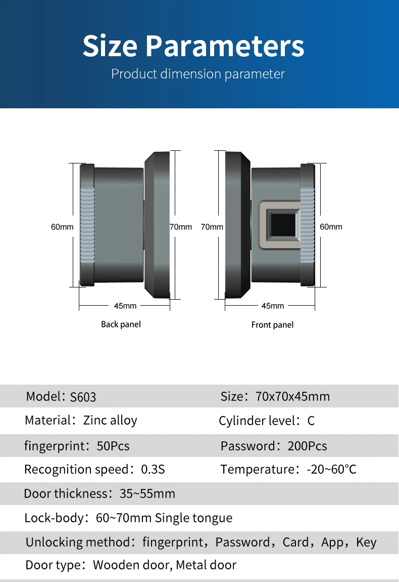 QLEUNG S603 Smart Lock with 300 Fingerprint Capacity 35-55mm Door Thickness and 2-Year Warranty