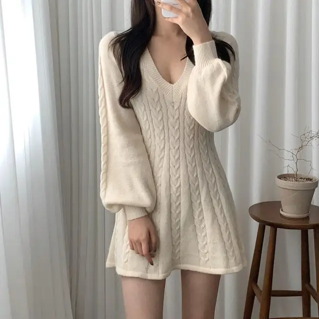 French autumn and winter lantern long sleeved waist cinched V-neck small knitted dress women's sweater A-line short skirt