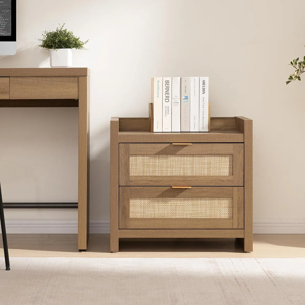 product modern nightstand type c charging station 2 drawers storage natural oak finish bedside night stand rattan bedroom furniture-2