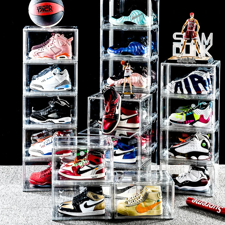 Clear Door Foldable Plastic Stackable Drawer Type Front Open Display Sneaker Holder Container Shoe box storage Organizer Bins