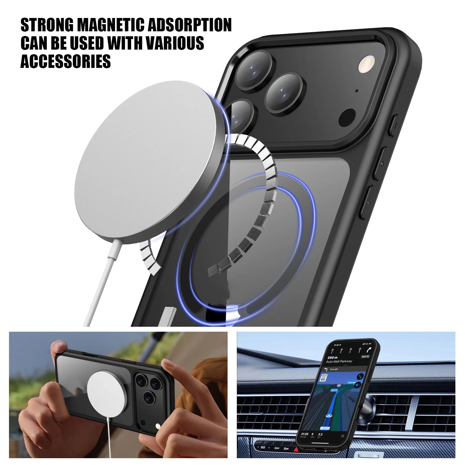 product laudtec shockproof strong magnetic wireless charging clear hard pc tpu custom phone cover for iphone 17 pro max16 15 pro max-3