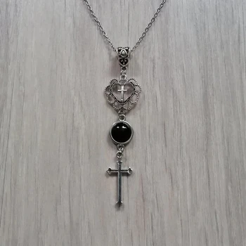 Fashion Goth Onyx Black Stone Necklace Cross Pendant Necklace Hollow Heart Cross Necklace for Women Men
