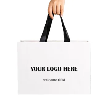 Custom  Print Your Own Logo Luxury White Clothing Shoe Shopping Paper Bags With Black Ribbon Handle