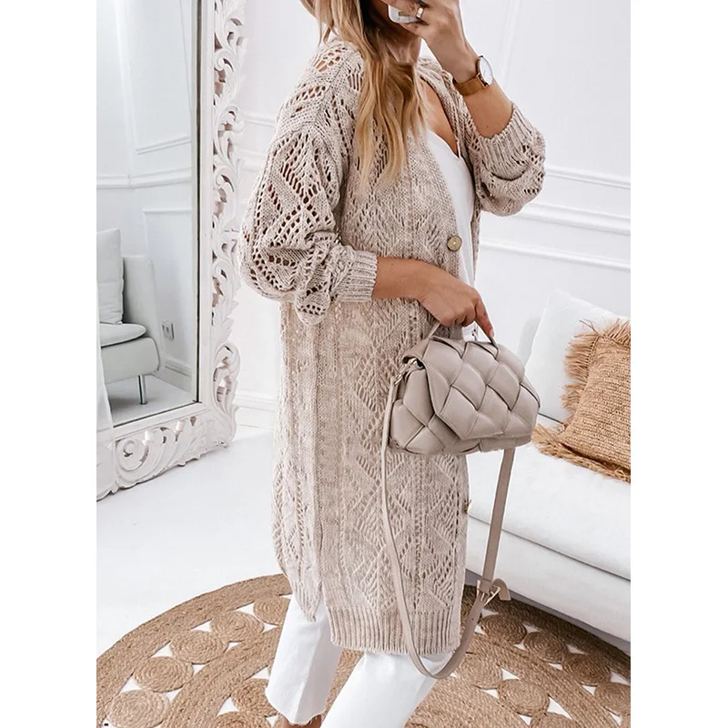 Dear-Lover Oem Odm Private Label Long Cardigan Woman Hollow-Out Openwork Sweater Knit Cardigan
