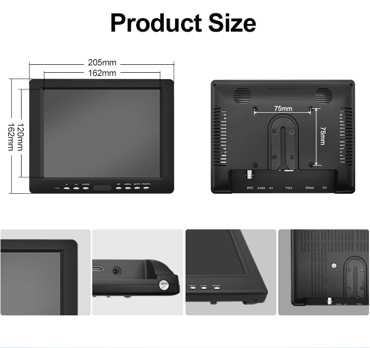 Mini 8 Inch TFT LCD Monitor BNC VGA for Input Desktop Industrial Use 1024x768 Resolution LED Backlit Black Plastic Case