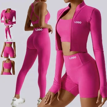 Wholesale new gym fitness long sleeve jacket tights sports set women seamless fitness yoga set