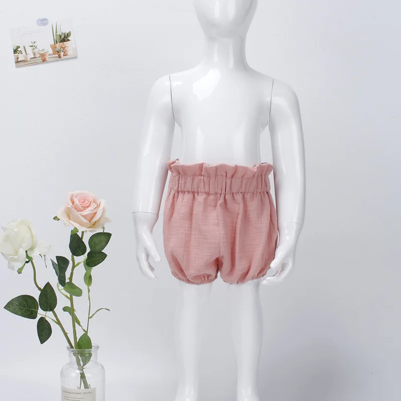 Stock Colors Breathable Organic Cotton Muslin Baby Summer Shorts Rushed High Waist PP Baby Bloomers for Kids