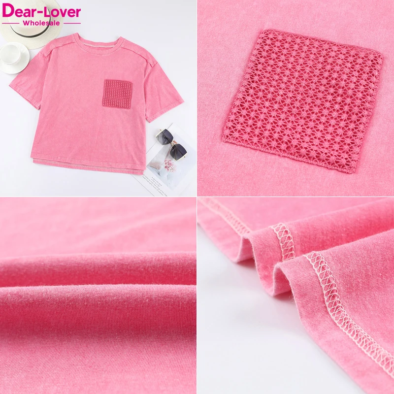 Dear-Lover OEM ODM Custom Logo Private Label Pocket Printed High Quality Blank Acid Wash Cotton Graphic Plain T Shirt Women