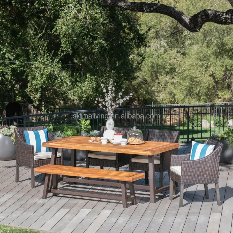Luxury garden furniture outdoor rattan wicker chairs solid wood dinning set