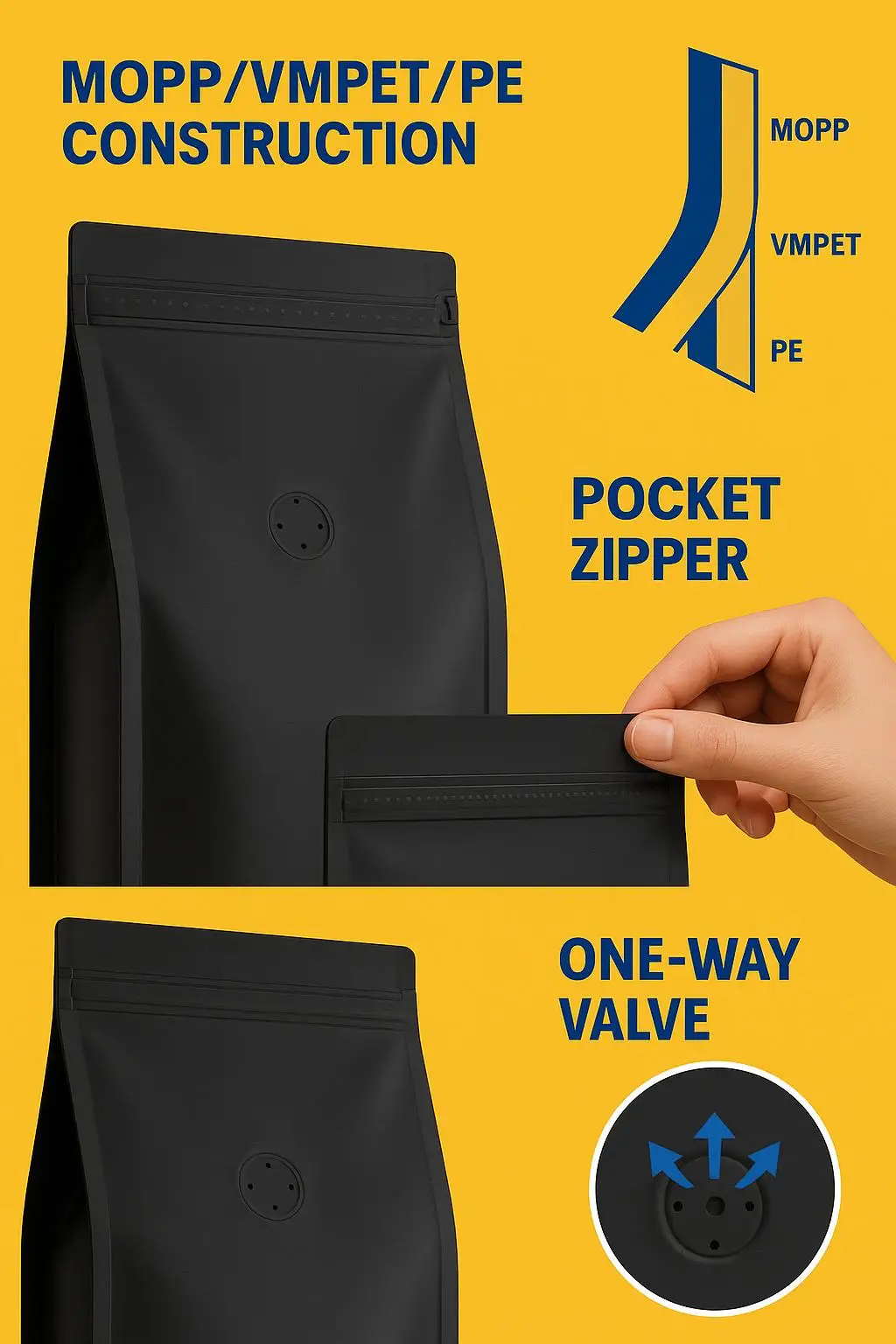 Wholesale Flat Bottom Plastic Coffee Packaging Pouch with Side Gusset, Ziplock, and Security Valve for Freshness Preservation - detail 4