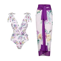 New Arrival Ladies Floral Printing Tight Slim Retro One-Piece Swimsuit Chiffon Skirt Swimsuit Set