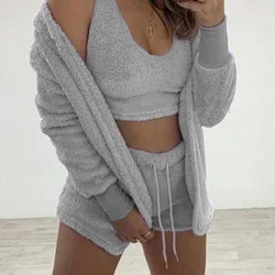 Loose Knit Sexy Winter Sweaters Vest Shaggy Three Pieces Knit Pajamas Oversized Long Cardigan Coat Short Pants Knitwear