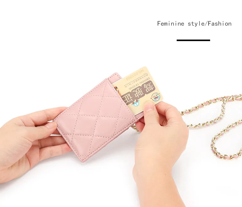 Sheepskin Female Access Card Holder Luxury Genuine Leather Chain Neck Women  Card Sleeve Bag Quilted Lady Crossbody Badge Holder