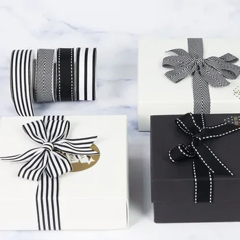Factory custom 3-100mm black and white stitch woven polyester striped fabric ribbon tape for gift wrapping