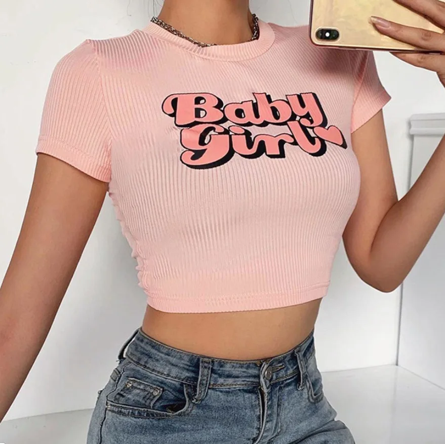 Graphic Designer Short Sleeves Round O Neck Customized Baby Girl Y2K Cropped Tops Pink Sweet T Shirt Custom Crop Tee