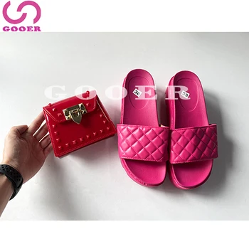 GOOER 2021 Fashion ladies Pink Red slippers mini rivet pu two peice set purse bag and shoe sets platform slides women sandals