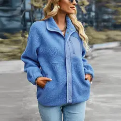 Women's Fall Winter Casual Long Sleeve Button Down Plush Patchwork Jacket Outerwear Coat Fuzzy Shacket
