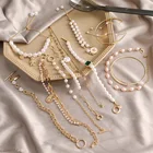 Stone Bracelet Bangle 18k Gold Plated Cuban Link Chain Elastic Pearl Green Stone Bracelet Bangle Set