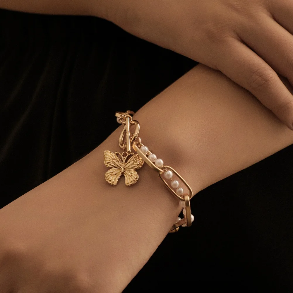 New Pearl metal chain double wound bracelet ins temperament butterfly pendant alloy jewelry