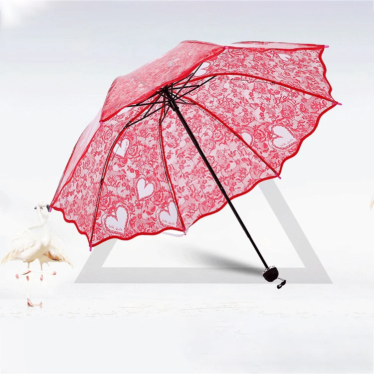 DD1268  Thick Environmental Wedding Love Fold POE Transparent Umbrellas Clear Umbrella Heart Lace Umbrella