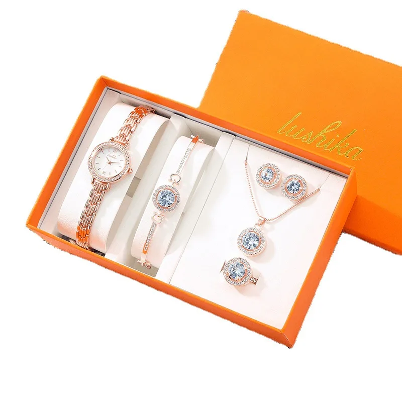 Watch Set Fashion Trend Quartz Small Gold Watch Gift Box Set Include Watch Necklace Ring Bracelet Earrings