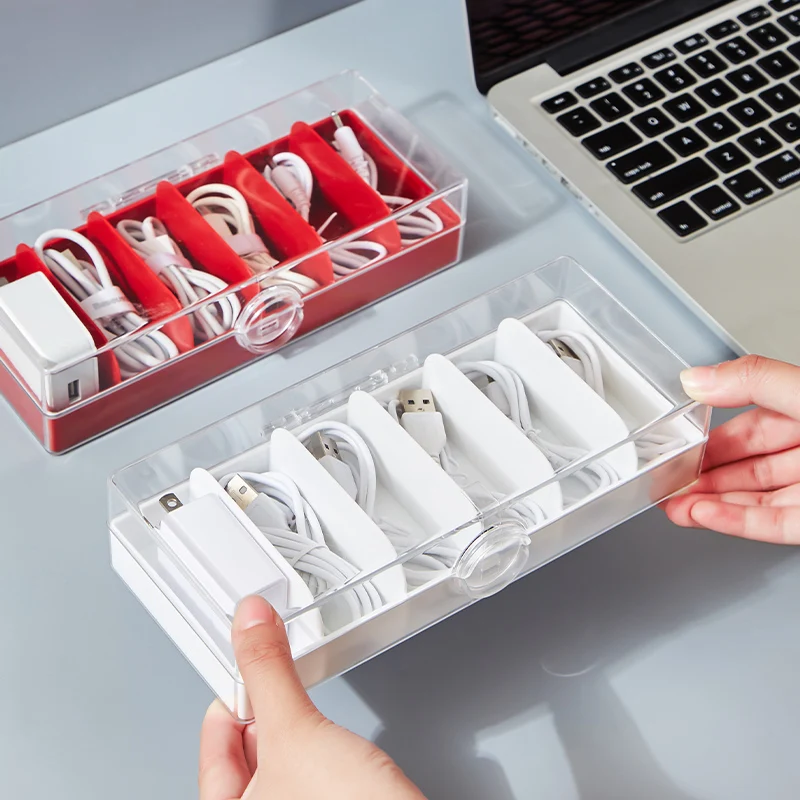 Rectangle Electronics Organizer 6 Sections Clear Cable Storage Bin Box Cord Management Holder box