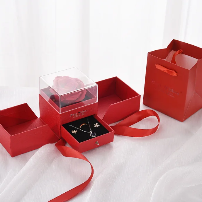 product a1 high quality transparent acrylic rose jewelry lipstick gift box valentines day eternal flower necklace ring box for friend-5