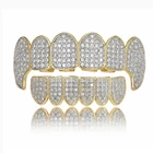 Gold Diamond Hiphop Bling Bling Micro Pave CZ Brass Iced Out Silver Gold Teeth Grillz With Diamond Set