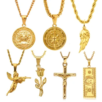 Olivia popular jesus cross pendant 18k gold plated medusa compass charm wing angel gun pendant fashion dollar rose necklace