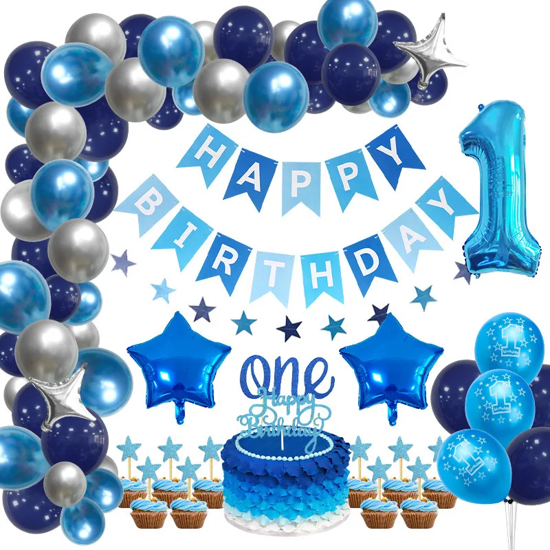 New blue birthday theme latex balloons garland arch 40 inch number balloons for boy baby shower party decoration