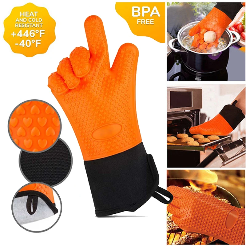 Wholesale Silicon Oven Mitts with Cotton Customized Heat Resistant BBQ Kitchen Grilling Glove Extra Long Non-Slip Pot Holder
