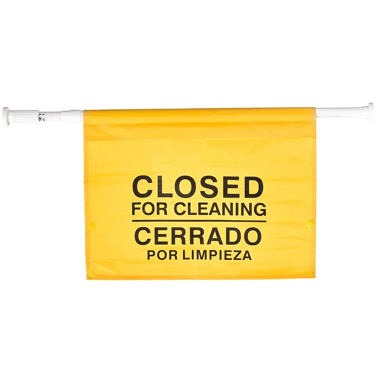 Commercial Extend-to-Fit &quot;Closed For Cleaning&quot; Hanging Doorway Safety Sign, Yellow, Bilingual, 6-Pack
